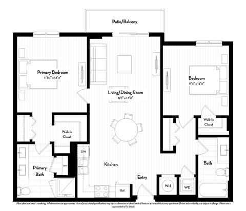 Floor plan for 2 beds, 2 baths, 1018 sqft